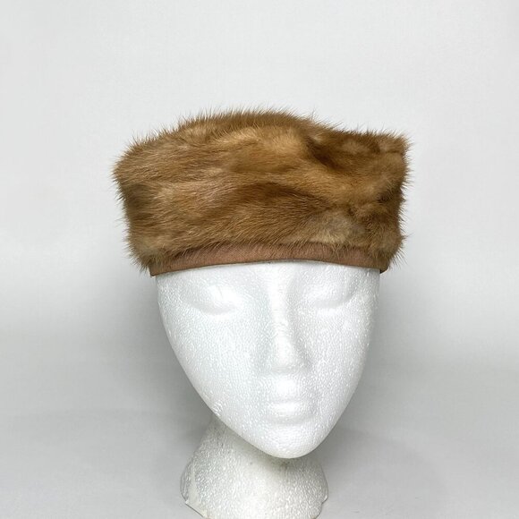 Vintage Brown Fur Pillbox Hat by Mister T Satin Lined Union Made in USA - Picture 1 of 7